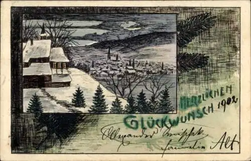 Litho Glückwunsch Neujahr, Gesamtansicht, Häuser, Schnee, Tannenbäume