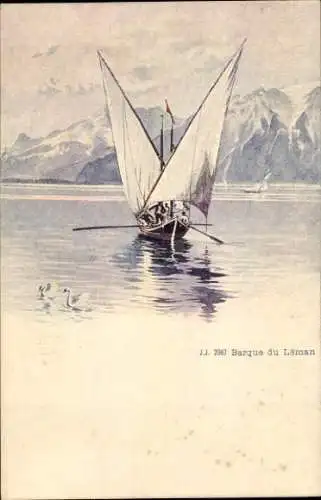 Litho Kanton Waadt, Segelboot, Schwäne, Berge