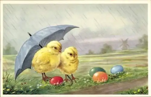 Ak Glückwunsch Ostern, Küken unter einem Regenschirm, Ostereier