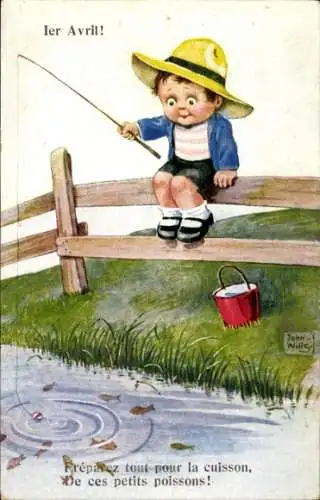 Künstler Ak Wills, John, 1. April, Junge mit Angel, Fische