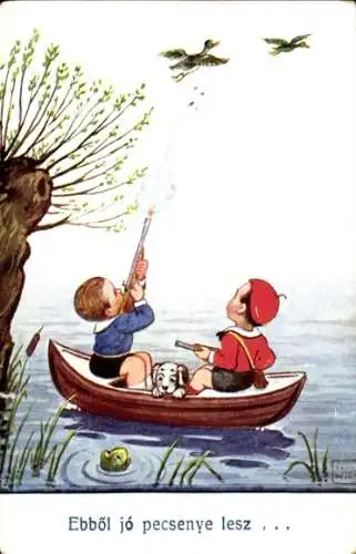 Künstler Ak Wills, John, Jungen im Ruderboot auf der Entenjagd, Hund, Frosch