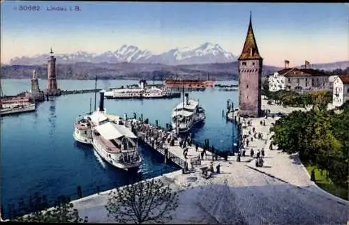 Ak Lindau am Bodensee Schwaben, Teilansicht, Anleger, Turm, Leuchtturm, Schiffe