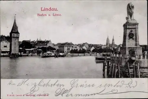 Ak Lindau am Bodensee Schwaben, Hafen und Löwe