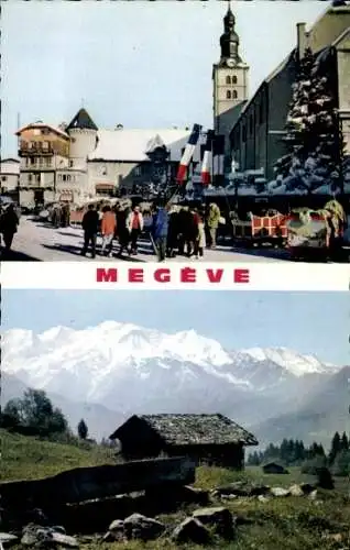 Ak Megève Haute Savoie, Place de l'Eglise, Panorama, Mont Blanc