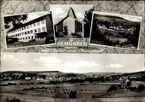 Ak Gemünden Wohra in Hessen, Neue Schule, Kath. Kirche, Panorama