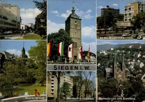 Ak Siegen in Westfalen, Wilhelmstraße, Siegbrücke, Nikolaikirche, Michaelkirche, Giersberg