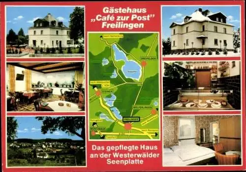 Ak Freilingen im Westerwald, Gästehaus, Cafe zur Post, Speiseraum, Gästezimmer