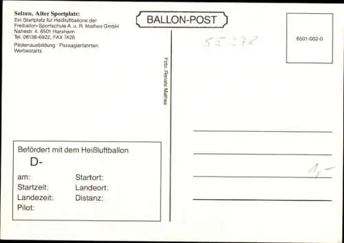 Ak Selzen in Rheinhessen, Startplatz, Heißluftballons, Freiballon-Sportschule