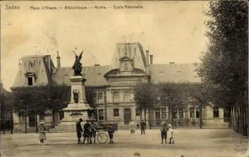 Ak Sedan Ardennes, Place d'Alsace, Bibliotheque, Musee, Ecole Maternelle