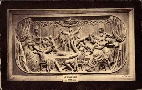 Ak Reims Marne, Le Champagne au XVIIIe Siecle, Bas-relief sculpte dans la craie