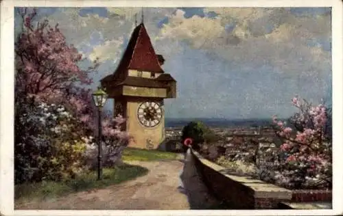 Künstler Ak Graz in der Steiermark, Uhrturm, Blüten