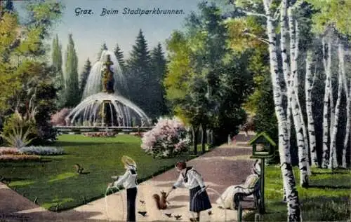 Künstler Ak Frankel, Graz Steiermark, Beim Stadtparkbrunnen