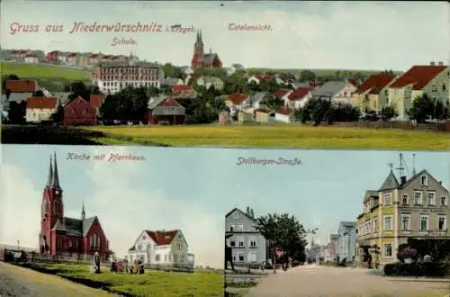 Ak Niederwürschnitz im Erzgebirge Sachsen, Totalansicht, Kirche, Pfarrhaus, Stollberger Straße