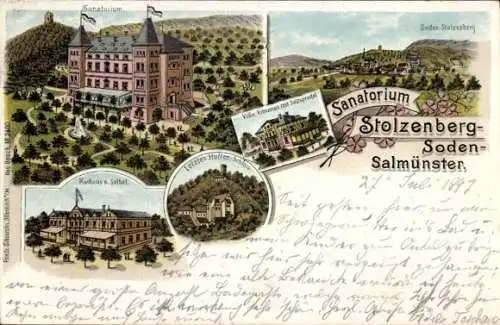 Litho Bad Soden Salmünster im Kinzigtal Hessen, Sanatorium Stolzenberg, Kurhaus, Villa Vitriarius