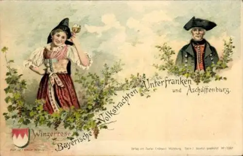 Litho Aschaffenburg in Unterfranken, Bayerische Volkstrachten, Winzerrose