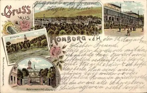 Litho Bad Homburg vor der Höhe Hessen, Gesamtansicht, Schloss, Schlossportal, Kurhaus