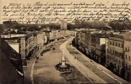 Ak Mühldorf am Inn Oberbayern, Straßenzug, Obelisk