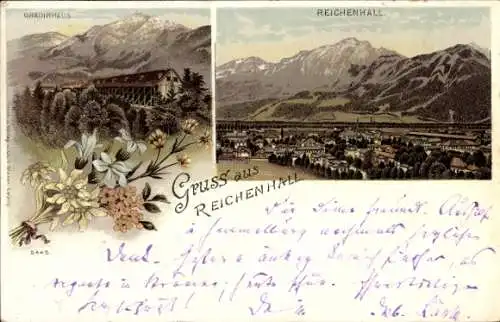 Litho Bad Reichenhall in Oberbayern, Gesamtansicht, Gradierhaus, Blumenstrauß