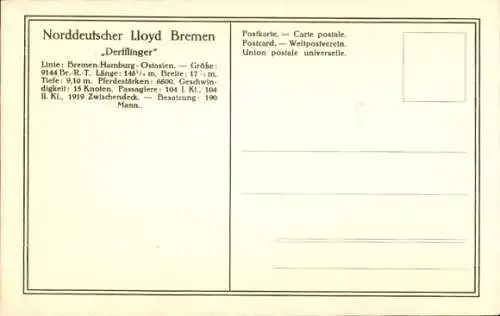 Ak Norddeutscher Lloyd Bremen, Reichspostdampfer Derfflinger, Dampfschiff