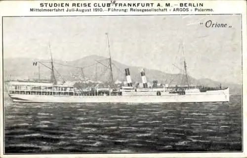 Ak Dampfer Orione, Studien-Reise-Club, Mittelmeerfahrt 1910