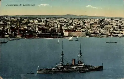 Ak Lisboa Lissabon Portugal, Panorama, Kriegsschiff in Fahrt