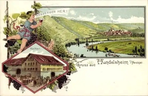 Litho Mundelsheim am Neckar, Kelter, Käsberger her, Panorama