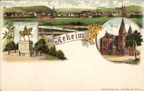 Litho Neheim Arnsberg im Sauerland, Gesamtansicht, Kriegerdenkmal, Kath. Kirche