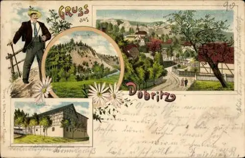 Litho Döbritz bei Pößneck, Teilansicht, Gasthaus, Wanderer