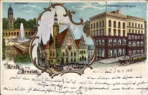 Litho Wrocław Breslau Schlesien, Liebichshöhe, Rathaus, Geschäftshaus Breslauer, Pferdestraßenbahn