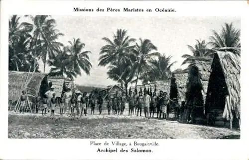 Ak Bougainville Salomon Inseln Pazifik, Dorfplatz, Missionen der Maristenväter