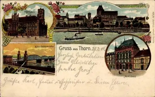 Litho Toruń Thorn Westpreußen, Rathaus, Artushof, Eisenbahnbrücke