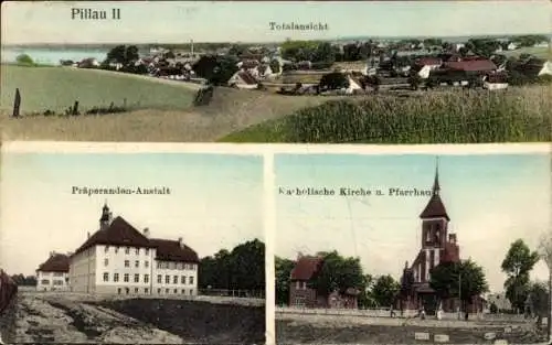 Ak Baltijsk Pillau Ostpreußen, Totalansicht, Präparanden-Anstalt, Katholische Kirche, Pfarrhaus