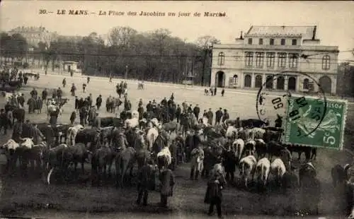 Ak Le Mans Sarthe, Place des Jacobins an einem Markttag