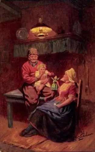 Künstler Ak Gerstenhauer, J. G., Familie in Niederländischer Tracht, Bauernstube