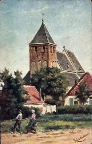 Künstler Ak Gerstenhauer, J. G., Niederländisches Dorfmotiv, Kirche