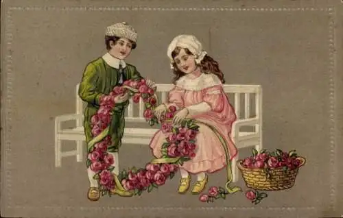 Präge Litho Junge und Mädchen flechten ein Herz aus Rosenblüten