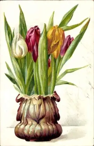 Ak Bunte Tulpen in einer Blumenvase