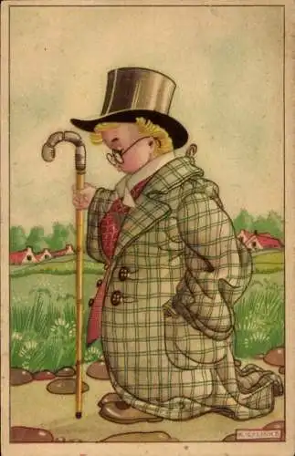 Künstler Ak Links, Karel L., Kind in Herrenanzug, Zylinder, Brille, Gehstock