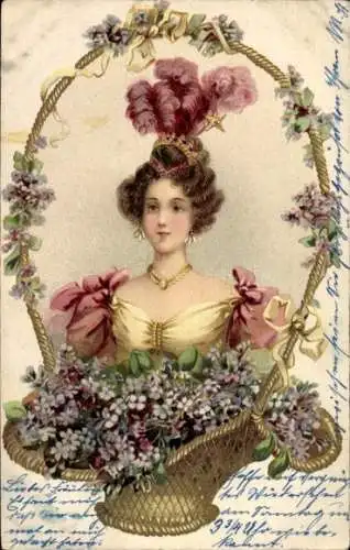 Litho Gemaltes Frau-Portrait, Blumenkorb, Veilchen