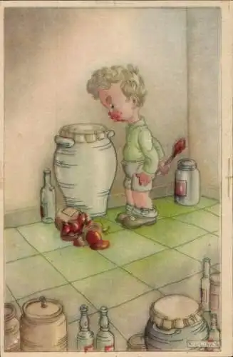 Künstler Ak Links, Karel L., Junge hat aus einem Marmeladeglas genascht