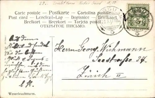 Künstler Ak Jensen, Alfred, Rote Sand Leuchtturm, Dampfschiff, Wesermündung