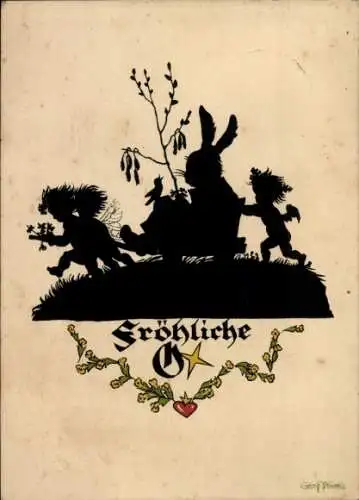 Scherenschnitt  Künstler Ak Plischke, G., Glückwunsch Ostern, Kinder, Weidenkätzchen, Osterhase