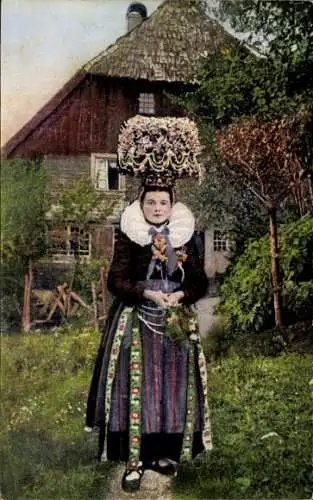 Ak Volkstrachten vom badischen Schwarzwald, Schäppelmädchen von St. Georgen