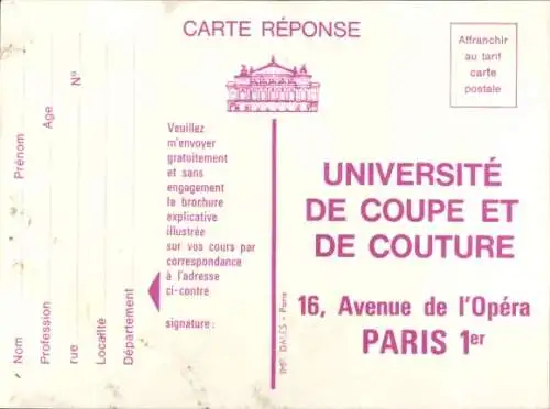 Ak Reklame, Universite de Coupe et de Couture, Paris