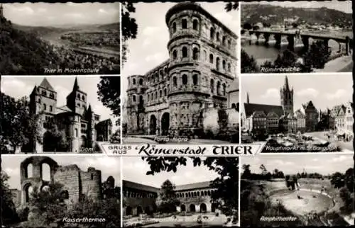 Ak Trier an der Mosel, Mariensäule, Römerbrücke, Dom, Hauptmarkt, St. Gangolf, Amphitheater