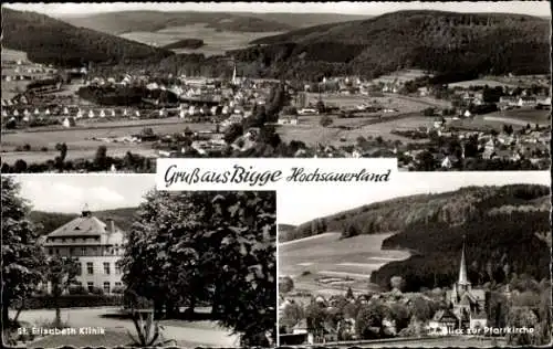 Ak Bigge Olsberg im Sauerland, Panorama, St. Elisabeth Klinik, Blick zur Pfarrkirche