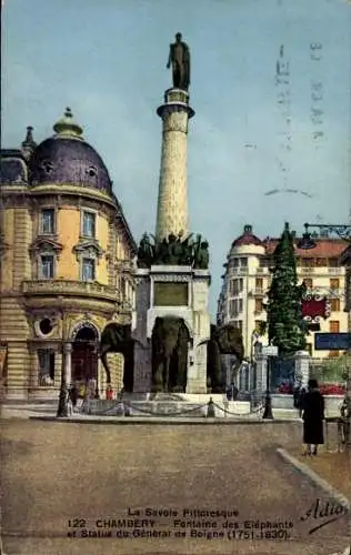 Ak Chambery Savoie, Fontaine des Elephante, Statue du Generale de Boigne