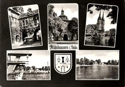 Ak Mühlhausen in Thüringen, Wappen, Schwimmbad, Jakobikirche, Rathaushof, Frauentor