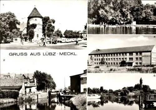 Ak Lübz in Mecklenburg, Wilhelm-Pieck-Platz, Schleuse, Bad, Oberschule III, An der Elde