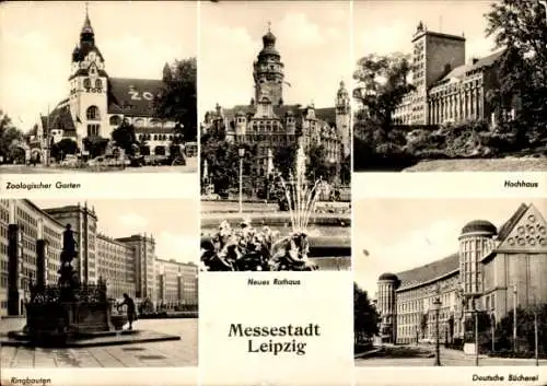 Ak Leipzig in Sachsen, Hochhaus, Ringbauten, Deutsche Bücherei, Neues Rathaus, Zoologischer Garten